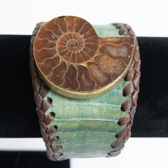 Starborn Ammonite Leather Cuff Bracelet Adjustable Statement Green Brown - Picture 4 of 11